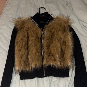 Fashion Nova Black and Brown Faux Fur Jacket